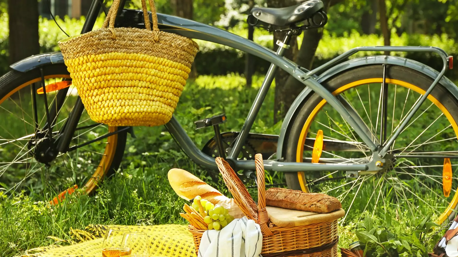 Bicycle and wicker baskets with tasty food and drink for romantic picnic in park