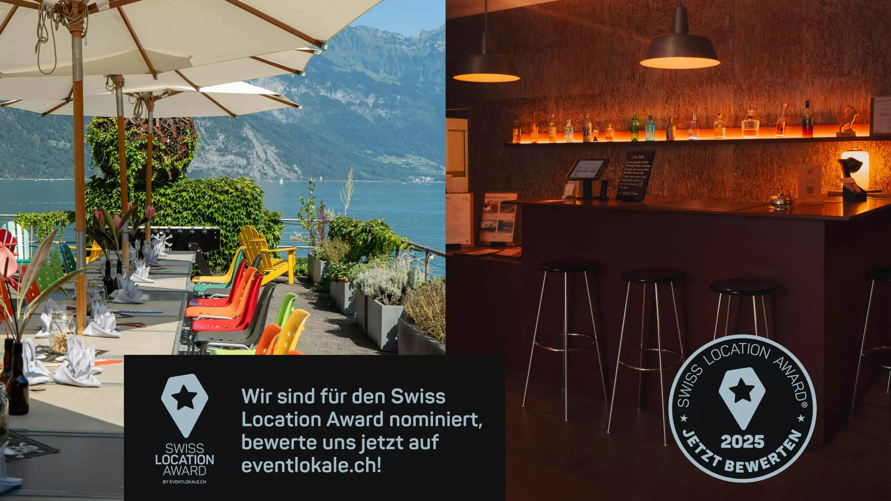swisslocationawards2025 Eine kleine Gruppe fährt auf ihren Mountainbikes über einen Kiesweg, im Hintergrund ein blauer See und ein Schloss.